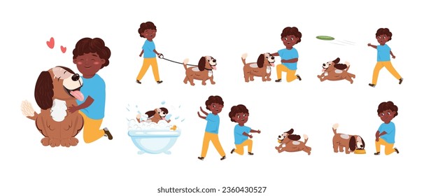 Black boy and his dog doing leisure activities. Friendship between people and animals