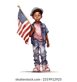 black boy holding US flag on july 4th celebration in watercolor