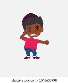 Black boy in jeans with an expression of unpleasant surprise.