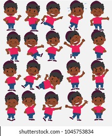 Black boy in jeans. Twenty eight expressions and basics body elements, template for design work and animation. Vector illustration to Isolated and funny cartoon character.