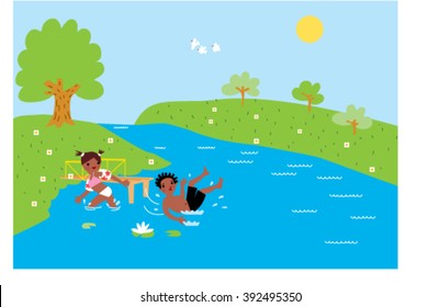 A black boy jumping into the water from the small trampoline. Kids playing and swimming on the river side. 