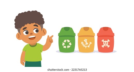 a black boy known about kind of trash bins. illustration cartoon character vector design on white background.