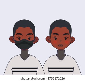 Black Boy With A Mask Vector Illustration. Cute And Handsome Black Boy Illustration.
