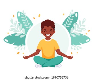 Black boy meditating in lotus pose. Gymnastic, yoga and meditation for children. Vector illustration