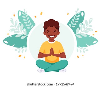 Black Boy Meditating In Lotus Pose. Gymnastic, Yoga And Meditation For Children. Vector Illustration