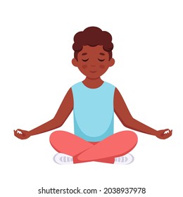 Black Boy Meditating In Lotus Pose. Gymnastic, Yoga And Meditation For Children. Vector Illustration