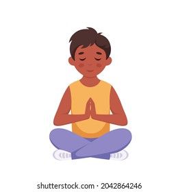 Black Boy Meditating In Lotus Pose. Gymnastic, Yoga And Meditation For Children. Vector Illustration