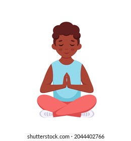 Black Boy Meditating In Lotus Pose. Gymnastic, Yoga And Meditation For Children. Vector Illustration