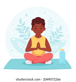 Black boy meditating in lotus pose. Gymnastic, yoga and meditation for children. Vector illustration