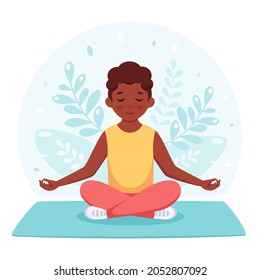 Black Boy Meditating In Lotus Pose. Gymnastic, Yoga And Meditation For Children. Vector Illustration