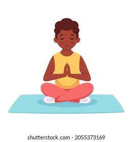 Black Boy Meditating In Lotus Pose. Gymnastic, Yoga And Meditation For Children. Vector Illustration