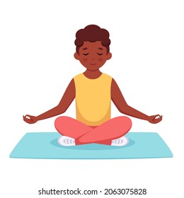 Black boy meditating in lotus pose. Gymnastic, yoga and meditation for children. Vector illustration