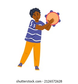 Black boy playing tambourine, isolated on white background. Young kid play percussion music instrument, cartoon flat vector illustration. Music class lesson.