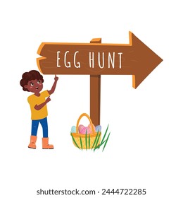 Black boy, pointing eagerly at the Egg Hunt shield, stands amidst a lush grassy field where colorful painted eggs. Easter event 