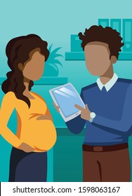Black Boy and Pregnant Woman in Office Flat illustration