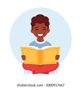 Black boy reading book. Boy doing homework. Back to school concept. Vector illustration