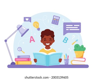 Black boy reading book. Boy studying with a book. Vector illustration