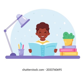 Black boy a reading book. Boy studying with a book. Homework, schooling. Vector illustration