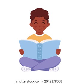 Black boy reading book. Boy studying with a book. Vector illustration