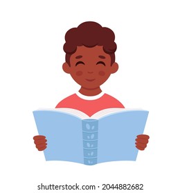 Black boy reading book. Boy studying with a book. Vector illustration