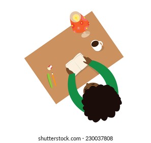 A black boy reading, an image from above, vector illustration