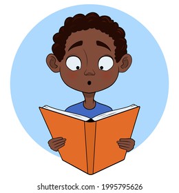 A black boy is reading an interesting book. Vector illustration in cartoon style.