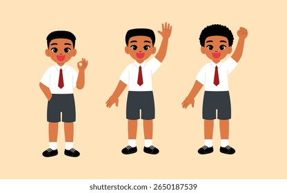 menino negro em uniforme escolar com gravata ok mão, menino sorriso desenho animado levantar mão, personagem de estudante feliz levantar o punho ilustração