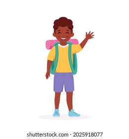 Black Boy Scout With Backpack And Sleeping Bag. Camping, Summer Kids Camp. Vector Illustration