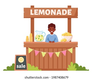 Black boy selling cold lemonade in lemonade stand. Summer cold drink. Vector illustration