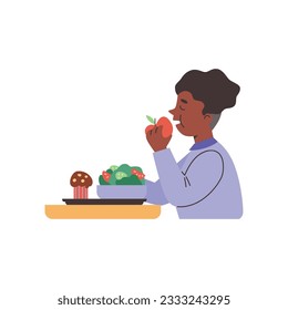 Black boy sits at table eats an apple, salad and cake on tray. Vector flat cartoon illustration isolated on white background. Child having lunch in school canteen, cafeteria