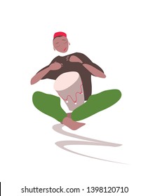Black boy sitting on the ground and playing african drum. Minimalist vector illustration. Cartoon style. Isolated.White background.