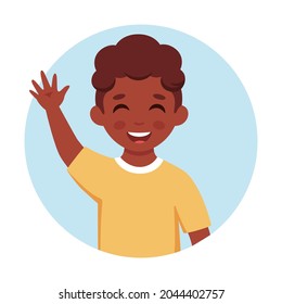 Black boy smiling and waving hand. Elementary school student. Vector illustration