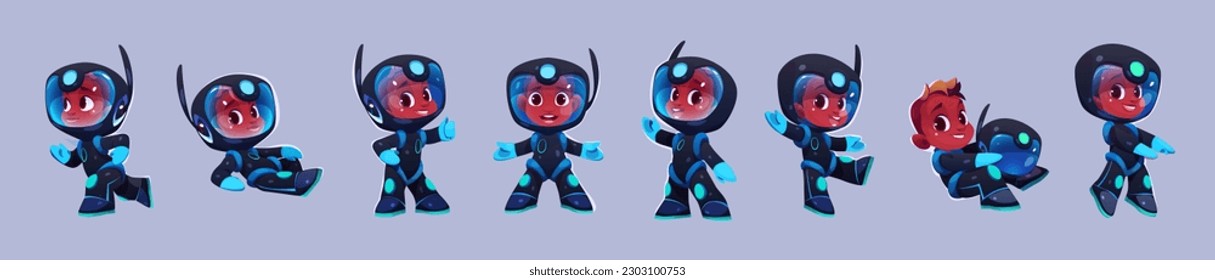 Black boy in space astronaut suit cartoon vector character. Cute little kid cosmonaut wear helmet and costume for flying, smile, lying and running clipart galaxy isolated astronut illustration set