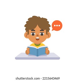 A black boy study reading the book on the desk, illustration cartoon character vector design on white background. kid and education concept.