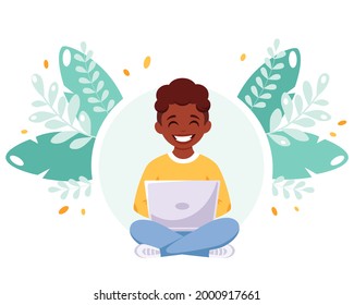 Black boy studying with computer. Online learning, back to school concept. Vector illustration