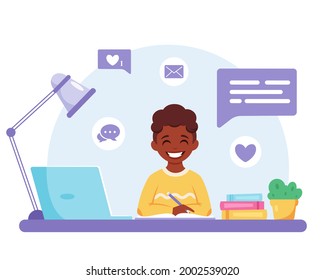 Black boy studying with computer. Online studying, back to school concept. Vector illustration