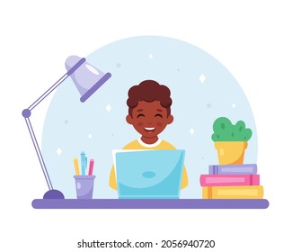 Black boy studying with computer. Online learning, back to school concept. Vector illustration