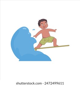 A black boy is surfing at the beach with a happy expression