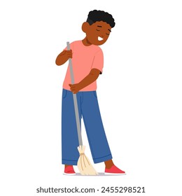 Black Boy Sweeping The Floor With A Broom. Diligent Child Character Wearing Blue Jeans And Pink T-shirt Sweeps, Ensuring Every Corner Is Free Of Dust And Debris. Cartoon People Vector Illustration