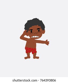 Black boy in a swimsuit, is angry and points his head with his index finger.
