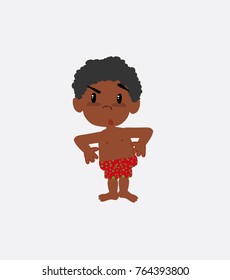 Black boy in a swimsuit with an expression of unpleasant surprise.
