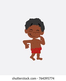 Black boy in a swimsuit with funny expression. 
