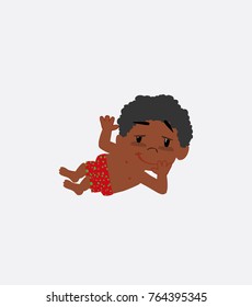 Black boy in a swimsuit lying, greets with a dreamy expression.
