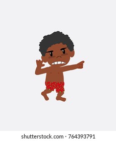 Black boy in a swimsuit points angrily to his left.