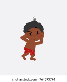 Black boy in a swimsuit something sick and dizzy.