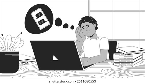 Black boy thinking about chatting at laptop black and white line illustration. Schoolboy doing boring homework 2D character monochrome background. Education online issues outline vector image