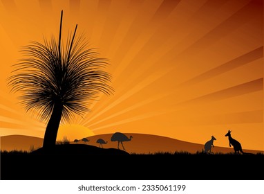 Los emus de los árboles de niños negros y los canguros al atardecer con rayos. colinas y hierba en una silueta