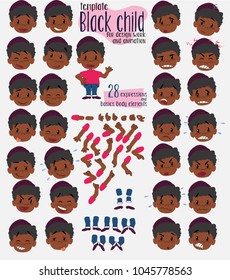 
Black boy. Twenty eight expressions and basics body elements, template for design work and animation. Vector illustration to Isolated and funny cartoon character.
