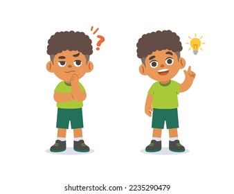 The black boy V.2 was confused, wondered, had a problem, and tried to answer and The girl figured out the answer to the problem. illustration cartoon character vector design on white background.