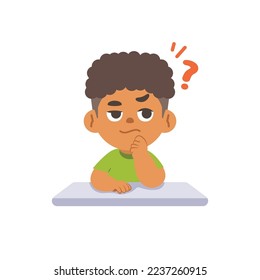 A black boy V.2 in doubt or have a question on the desk, illustration cartoon character vector design on white background. kid and education concept.